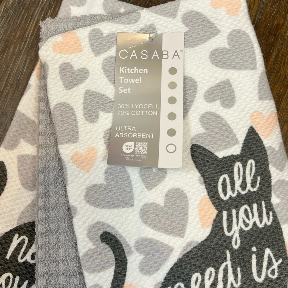 Casaba - 4/$98 - ‘Love & a Cat’ Dishtowels (3). NWT.